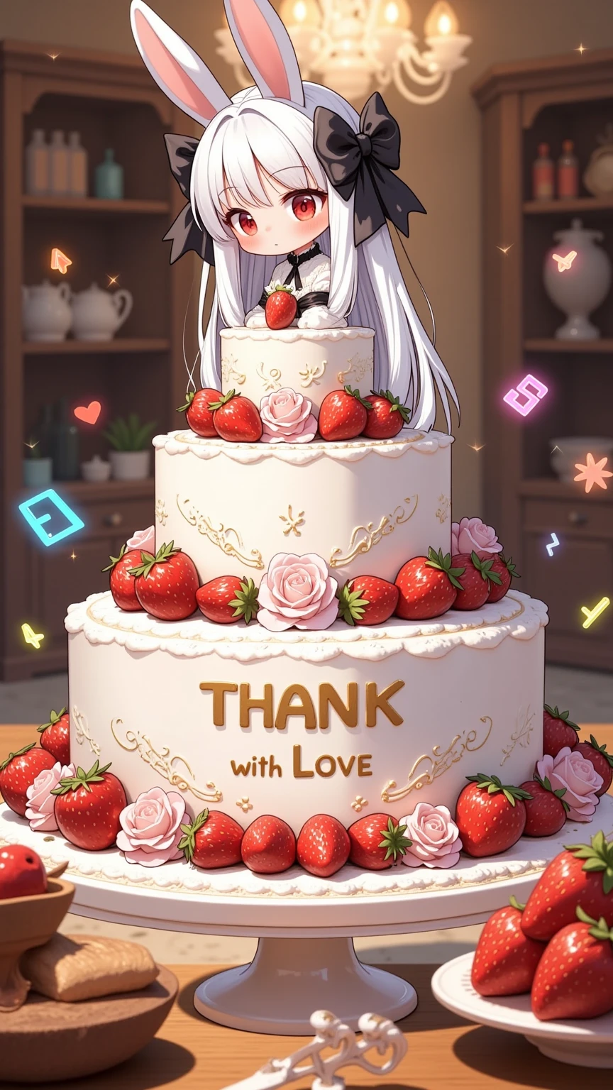 text on cake say "5000 THANK with LOVE".  rabbit girl\(chibi,cute, kawaii,red eyes,white rabbit ears, wearing pretty white dress embroidered with shiny white silk, luxuriously braided long white hair, big black hair bow, bangs, idol, looking at cake, put strawberry on cake, smiling\) making huge gigantic multilevel decorated cake\(with fresh strawberry and colorful rose\).decorated party room.newest anime style.Perfect hand,Detailed hand. focus on the cake, beautiful bokeh,vivid lighting. chandelier. colorful cute image.  colorful heart notes and star notes.