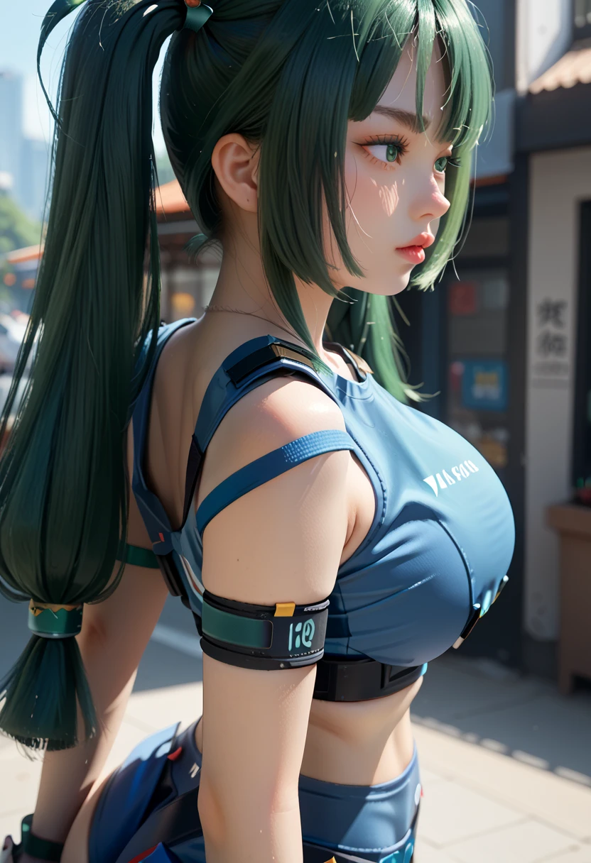 score_9_up,score_8_up,score_7_up,ZZZ_QY,1girl,solo,
green eyes, big breasts, green hair, twintails, long hair, navel, close-up, blue midriff, showing your ass.