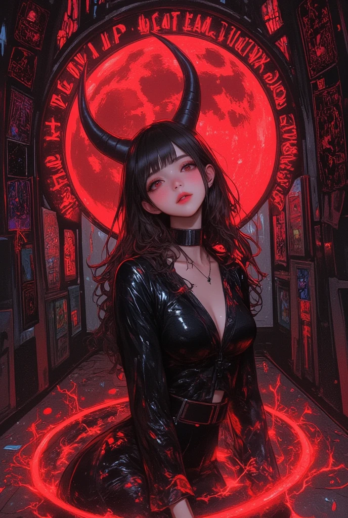 succubus trapped inside plasma sphere, large neon-colored magic circle on the floor, dimly lit room, huge crimson full moon, various effects, bold and dynamic, contrasts of light and shadow, 2.5D, artistic photography, hyper realistic, ultra detailed, absolutely resolution, masterpiece