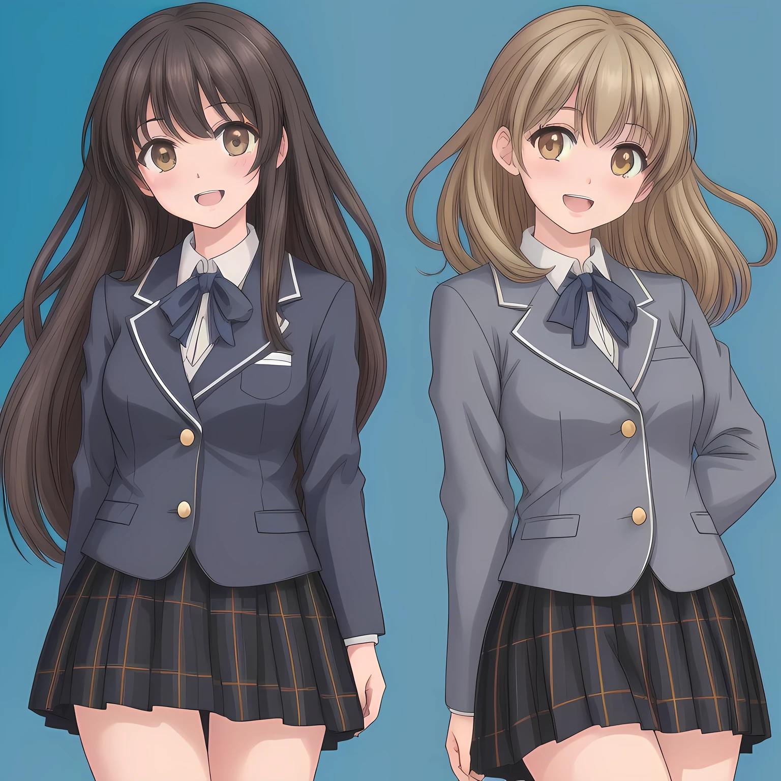 (highest quality, masterpiece: 1.6), (Too beautiful intelligently seducing girls are looking me down and laughing at me with their pretty open mouth, bending their back deeply, can't stop giggling, Too Beautiful noble 16yo beautiful dancing anime noble heroines, beautiful giggling noble elegant 16yo neat anime heroines wares completely white frilled girly blouse covered by navy-expensive-blazer and navy-blue-checkered-plaid-school-skirt with metallic luster, inviting me into deep harem of siren and succubi, Noble Elegant blazer uniform: 1.5), (white white white frilled blouse, with pretty shiny large blue-ribbons made of polyester on the breast and sleeves: 1.2), (Anime-heroine's girly noble laughing giggling brown eyes, the eyes shines and has strong effect of allusion to the viewer: 1.6), (Realistic Charming neat dark-navy-blue very-neat well-pleated long dark-blue checkered glossy expensive plaid school skirt made of metallic-luster-blue-wool: 1.6), (sky-blue background with white heart figured clouds: 1.7), (Eyes, face and hair are especially beautifully detailed and beautifully drawn: 1.5), (Girl whom everyone loves because of her beauty and lovely fashion and noble manner and magic-charm like succubus: 1.0), (Very beautiful, various, cute gorgeous rich dark black hair like seducing hair model, with elegant big yellow hair ribbons: 1.3), (beautiful black hair: 1.5), (Perfect mature body style like a fashion model), (The girl is too much beloved), ((skirt close shot)), ((Light and clearly-detailed well-contrasted neat bewitching too-expensive atmosphere foreground, to catch the viewer taking to the allusion ecstasy of seifuku-fetishism: 1.8)), (Counting to bring the viewer into the allusion ecstasy of seifuku-harem forcibly: 1.2), (black background in the deep world of seifuku-harem-paradise: 1.0), (Viewer can't to stop hugging and kissing her legs and lovely wet lips due to her beauty and seduction: 1.0), (blazer school uniform: 1.4)