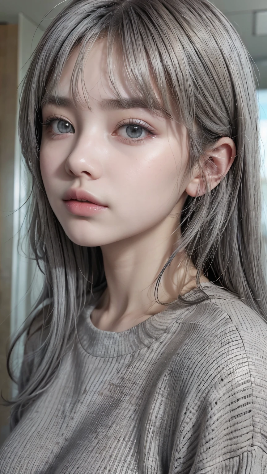 Masterpiece, 8K, HD, realistic, super detailed, portrait, 22 years old, European beautiful woman, silver hair, long messy hair, green eyes, exquisite facial features, flawless porcelain skin, freckles, cinematic lighting