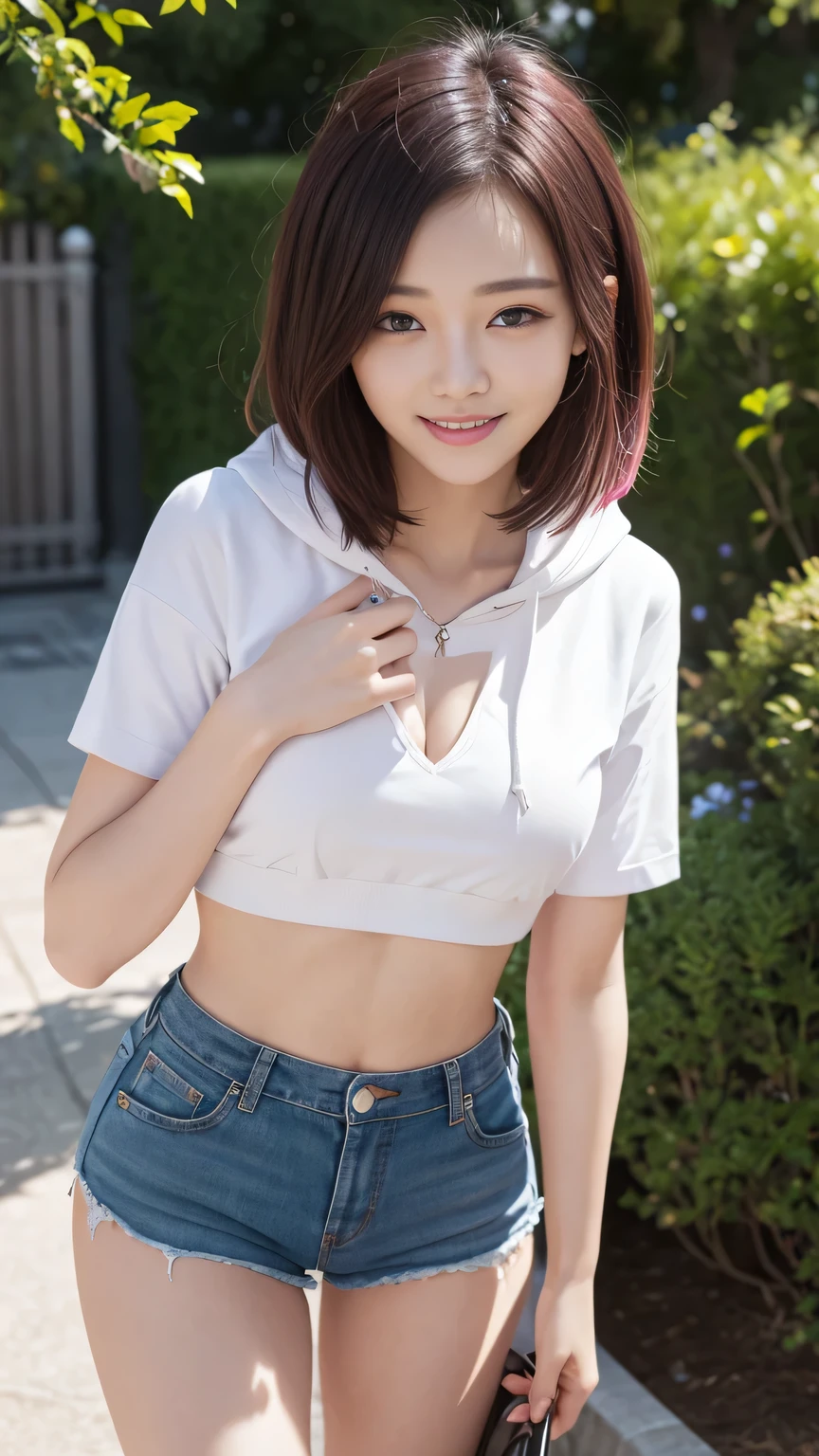 8K quality、best image quality、超A high resolution、masterpiece、Photoreal、RAW photo、超A high resolution、Japan 21 years old、、dynamic angle、cowboy shot、smile、smile、すばらしいsmile、The most beautiful things form chaos、elegant、Brutalist design、bright colors、short bob、smile、glossy white skin、beautiful eyes、very thin lips、細部までbeautiful eyes、beautiful double eyelids、bright chestnut hair、garden、Daytime outdoors、whole、black crop top、hoodie、hot pants、Photographed from various angles、various poses、full body photo,Only one shot,