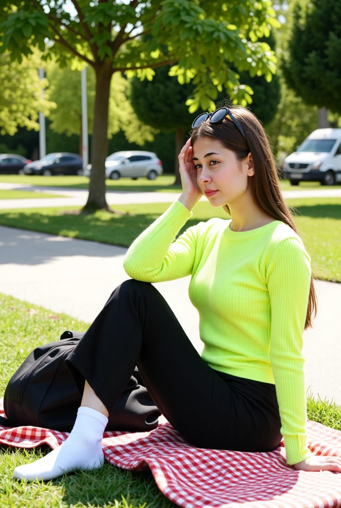 aesthetic_pos3, dynamic_pos3, Casual urban style, a young woman squatting with a  playful expression, wearing an oversized green t-shirt and chunky white sneakers, bright blue sky, outdoor street view, clear lighting, vibrant