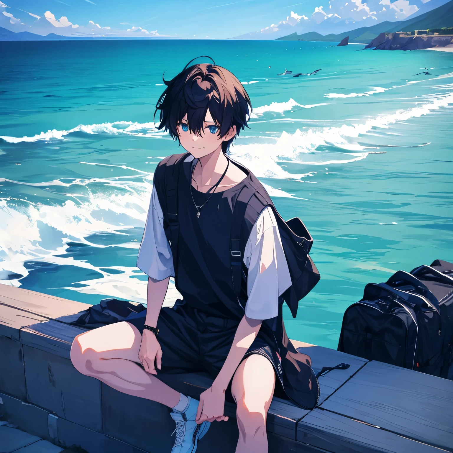 A stunning emotional scene in Makoto Shinkai-inspired anime style, featuring an 18-year-old male character, Sora Tsubameya (燕谷 蒼空). He embodies independence, creativity, and a cool demeanor. His slender frame (160 cm, 55 kg) is depicted with elegant, delicate limbs, dressed in oversized, casual yet refined clothing—a mix of simple high-sense fashion and loose, comfortable adjustments. He wears a faint, half-smile that adds to his charm.

Sora's vivid blue eyes are a focal point, drawn with intricate details, shimmering like the sea under sunlight, reflecting his creative and thoughtful nature. His hair is slightly tousled, complementing his youthful energy and unique personality. The color palette emphasizes his signature blue, harmonizing with his surroundings.

The backdrop is a beautiful coastal scene, featuring a serene ocean and sky seamlessly blending into a breathtaking gradient of blues and whites. Gentle waves lap the shore, evoking tranquility, while seagulls soar in the distance. The light and shading are ultra-detailed, highlighting the character's features and creating a vibrant, high-quality, 8K resolution image.

Keywords:
(Face:1.061), ((Male:1.4)), ((Slender body)), Young man, Blue eyes, Everyday life, Anime style, Charismatic, Functional beauty, [Simple high-sense], [Oversized casual clothes, Uniformity in looseness, Rough adjustments], Beautiful ocean background, [Top quality, High resolution, 4K, 8K resolution, Super detailed], [Healthy and cool], [Half-smile], Makoto Shinkai-inspired, Artistic, Emotional, Vivid.