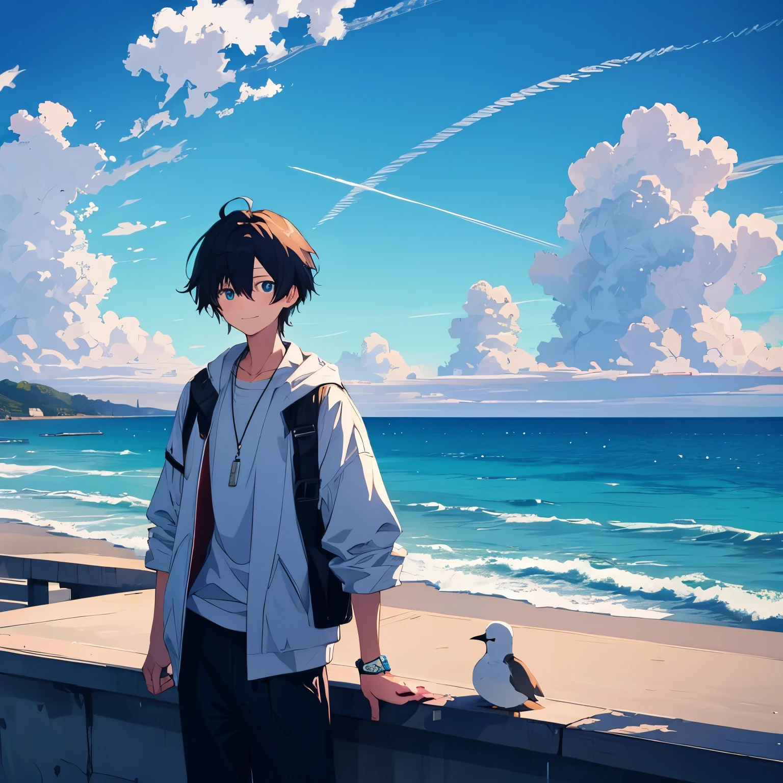 A stunning emotional scene in Makoto Shinkai-inspired anime style, featuring an 18-year-old male character, Sora Tsubameya (燕谷 蒼空). He embodies independence, creativity, and a cool demeanor. His slender frame (160 cm, 55 kg) is depicted with elegant, delicate limbs, dressed in oversized, casual yet refined clothing—a mix of simple high-sense fashion and loose, comfortable adjustments. He wears a faint, half-smile that adds to his charm.

Sora's vivid blue eyes are a focal point, drawn with intricate details, shimmering like the sea under sunlight, reflecting his creative and thoughtful nature. His hair is slightly tousled, complementing his youthful energy and unique personality. The color palette emphasizes his signature blue, harmonizing with his surroundings.

The backdrop is a beautiful coastal scene, featuring a serene ocean and sky seamlessly blending into a breathtaking gradient of blues and whites. Gentle waves lap the shore, evoking tranquility, while seagulls soar in the distance. The light and shading are ultra-detailed, highlighting the character's features and creating a vibrant, high-quality, 8K resolution image.

Keywords:
(Face:1.061), ((Male:1.4)), ((Slender body)), Young man, Blue eyes, Everyday life, Anime style, Charismatic, Functional beauty, [Simple high-sense], [Oversized casual clothes, Uniformity in looseness, Rough adjustments], Beautiful ocean background, [Top quality, High resolution, 4K, 8K resolution, Super detailed], [Healthy and cool], [Half-smile], Makoto Shinkai-inspired, Artistic, Emotional, Vivid.