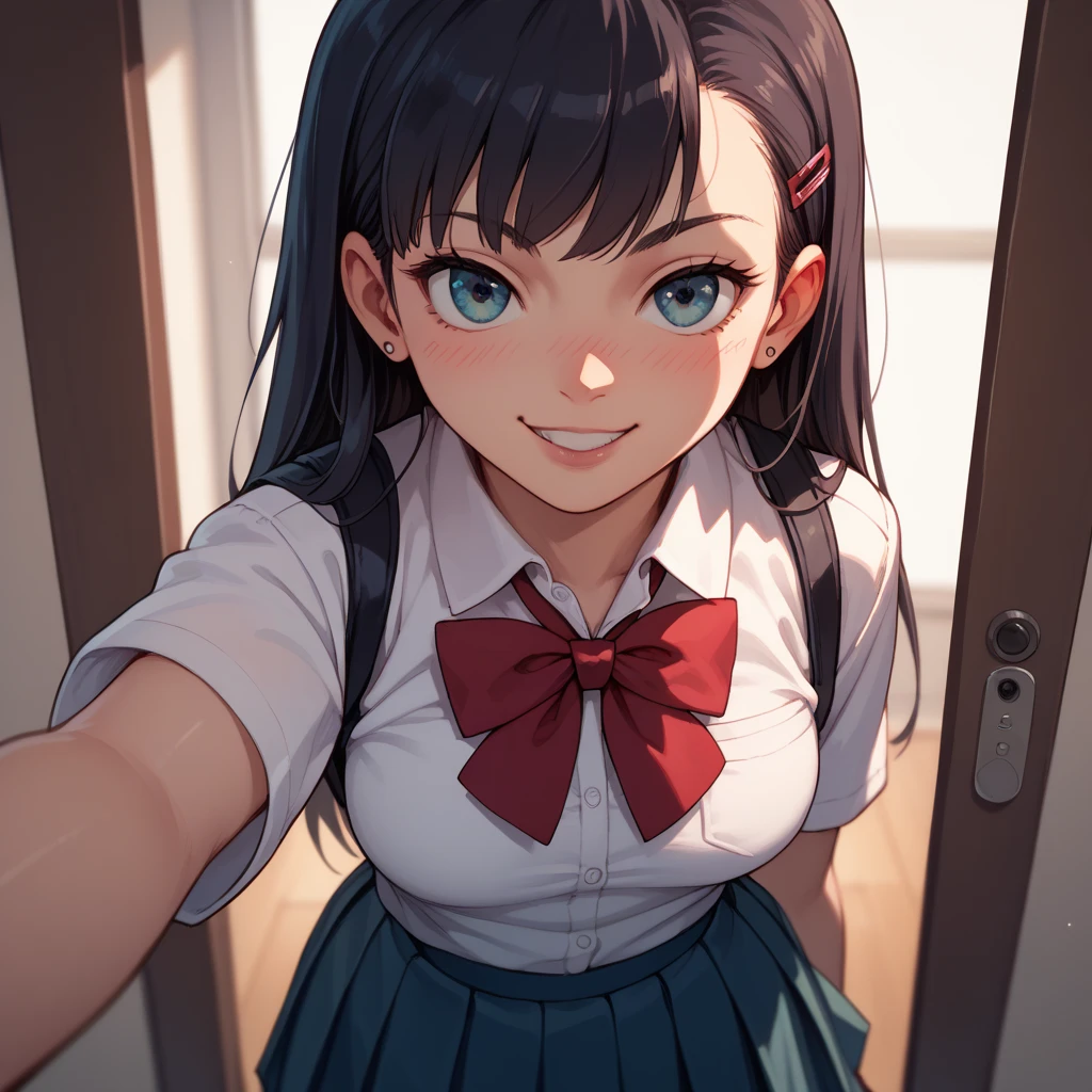 Girl in Japanese-style school uniform from the 90s taking a selfie