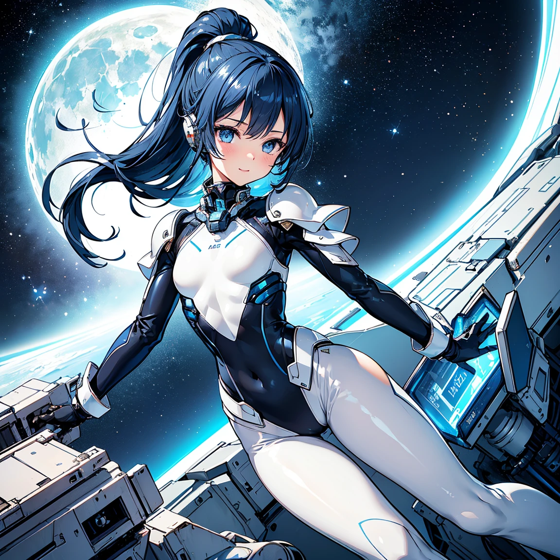 (masterpiece、 top quality 、 highest resolution、 clear_image、 Detailed Details): (Whole body、A 20 year old girl、Japanese Faces、 small face、 slender、Navy blue high knot ponytail、、(Hidden small breasts:1.3)、Sparkling blue eyes 、 white, blue, and black shiny pilot suit、Chest protection armor、Tight fitting clothes、Clothing that covers the whole body、Glamorous clothes、 tight fit pants 、Hide your skin、 very delicate and beautiful、Detailed Skin、Hide your thighs、Hide your ass、 cute、A gentle smile、Soft expression、heroine、 headset、 long boots、Elbow-length gloves、 eye level shot、Peace talks between warring factions,attention arousal, Clever Blue Eyes,Face directly、 woman on a spaceship )、 background、Moon in the background、shiny pilot suit in white, blue and black colors with galaxy clouds on the background 