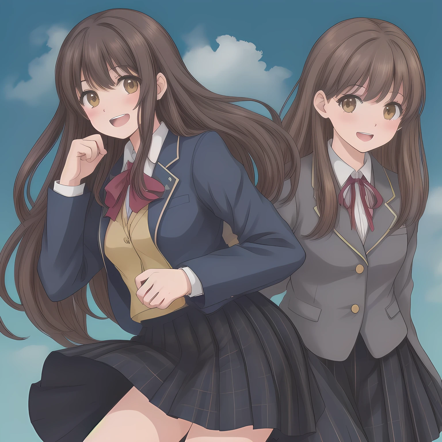 (highest quality, masterpiece: 1.6), (Too beautiful intelligently seducing girls are looking me down and laughing at me with their pretty open mouth, bending their back deeply, can't stop giggling, Too Beautiful noble beautiful dancing anime noble heroines, beautiful giggling noble elegant 16yot anime heroines wares completely white frilled girly blouse covered by navy-expensive-blazer and navy-blue-checkered-plaid-school-skirt with metallic luster, inviting me into deep harem of siren and succubi, Noble Elegant blazer uniform: 1.5), (white white white frilled blouse, with pretty shiny large blue-ribbons made of polyester on the breast and sleeves: 1.2), (Anime-heroine's girly noble laughing giggling brown eyes, the eyes shines and has strong effect of allusion to the viewer: 1.6), (Realistic Charming neat dark-navy-blue very-neat well-pleated long dark-blue checkered glossy expensive plaid school skirt made of metallic-luster-blue-wool: 1.6), (sky-blue background with white heart figured clouds: 1.7), (Eyes, face and hair are especially beautifully detailed and beautifully drawn: 1.5), (Girl whom everyone loves because of her beauty and lovely fashion and noble manner and magic-charm like succubus: 1.0), (Very beautiful, various, cute gorgeous rich dark black hair like seducing hair model, with elegant big yellow hair ribbons: 1.3), (beautiful black hair: 1.5), (Perfect mature body style like a fashion model), (The girl is too much beloved), ((skirt close shot)), ((Light and clearly-detailed well-contrasted neat bewitching too-expensive atmosphere foreground, to catch the viewer taking to the allusion ecstasy of seifuku-fetishism: 1.8)), (Counting to bring the viewer into the allusion ecstasy of seifuku-harem forcibly: 1.2), (black background in the deep world of seifuku-harem-paradise: 1.0), (Viewer can't to stop hugging and kissing her legs and lovely wet lips due to her beauty and seduction: 1.0), (blazer school uniform: 1.4)