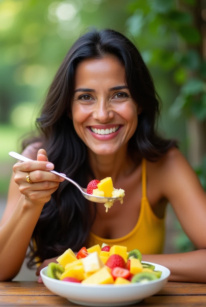 Costa Rican woman eating a peeled banana