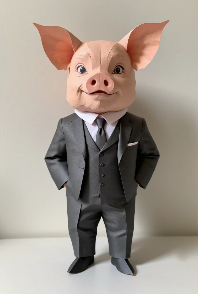 A pig wearing suit. Papercraft art.