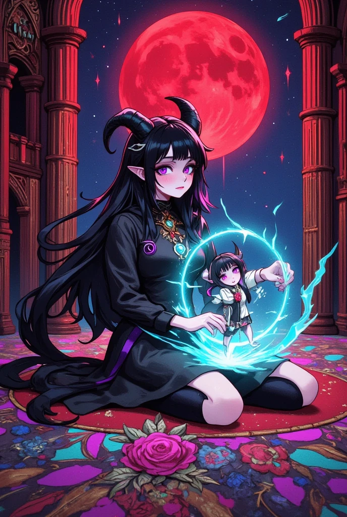 succubus trapped inside plasma sphere, large neon-colored magic circle on the floor, dimly lit room, huge crimson full moon, various effects, bold and dynamic, contrasts of light and shadow, 2.5D, artistic photography, hyper realistic, ultra detailed, absolutely resolution, masterpiece