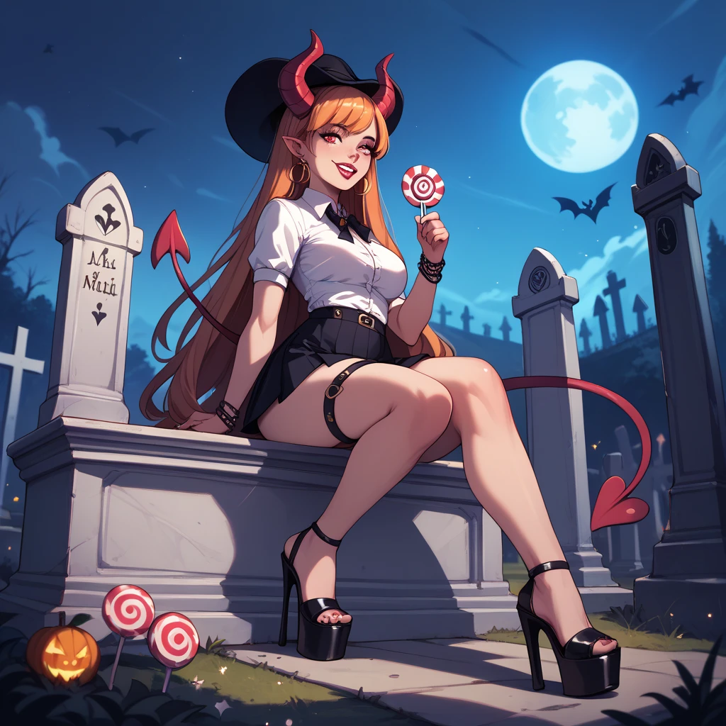 girl in short skirt, neckline, platform heels and devil's tail asking for candy at midnight in a cemetery