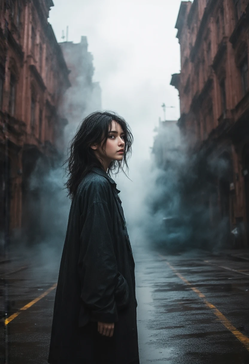  Beautiful girl on deserted street,drizzle 