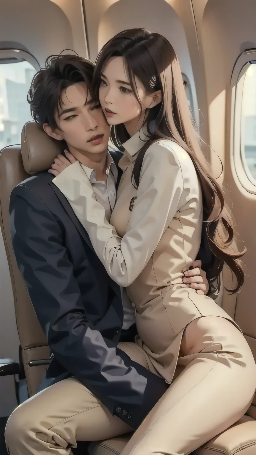 sitting position 、 A woman straddles a man's crotch、women's fitted beige pant suit、 beige flight attendant uniform 、Straight super long hair、 climax expression with an ahe face、Blank Stare、 Half Open Eyes 、Half-open mouth、Riding、(masterpiece,  top quality :1.2), Tall Women、 Petite Male 、