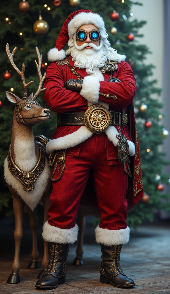 (Masterpiece, High Quality, High Resolution, 8k, 16k, Detail),ArsMJStyle, Rococo Steampunk, Steampunk Santa Claus (young, handsome, slender) with confident expression, arms crossed, wearing red Santa Claus costume with blue lens steampunk goggles, steampunk belt and He is wearing a pocket watch, steampunk cowhide boots, and a reindeer with steampunk ornaments on his side. The background is a slightly blurred Christmas tree, creating a dreamy, ethereal atmosphere. Description: Christmas, goggles, Santa and reindeer, portrait, full body, blurred, realistic, blurred Christmas tree bright light background, Christmas portrait, cool photo, coolness to admire