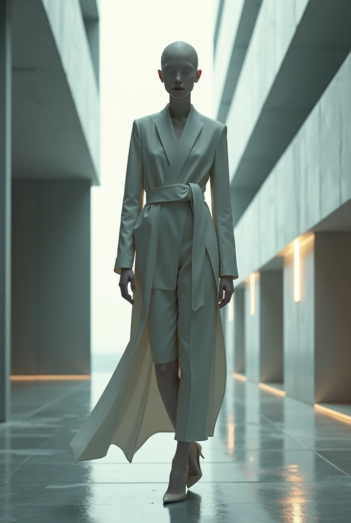 photography of isabel, brown eyes, hair slicked back, black hair, her bangs, abs, white dress, sleeveless kimono, walking through a white hallway, reflections, abstract blue patterns <lora:isabelkruger-10ME:1>