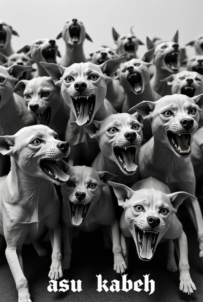 A bunch of barking, hungry, bald dogs. Text below the image "ASU KABEH"