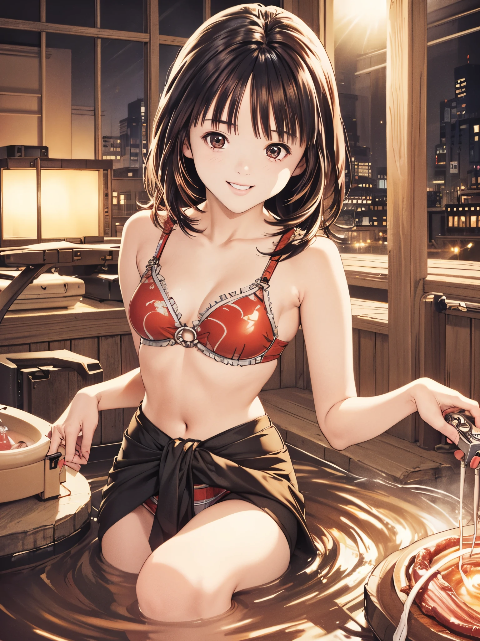 casino, smiling face, hand on heads, 40k, photography, masterpiece, best quality, (Riko), medium breastunny suit), varied poses,