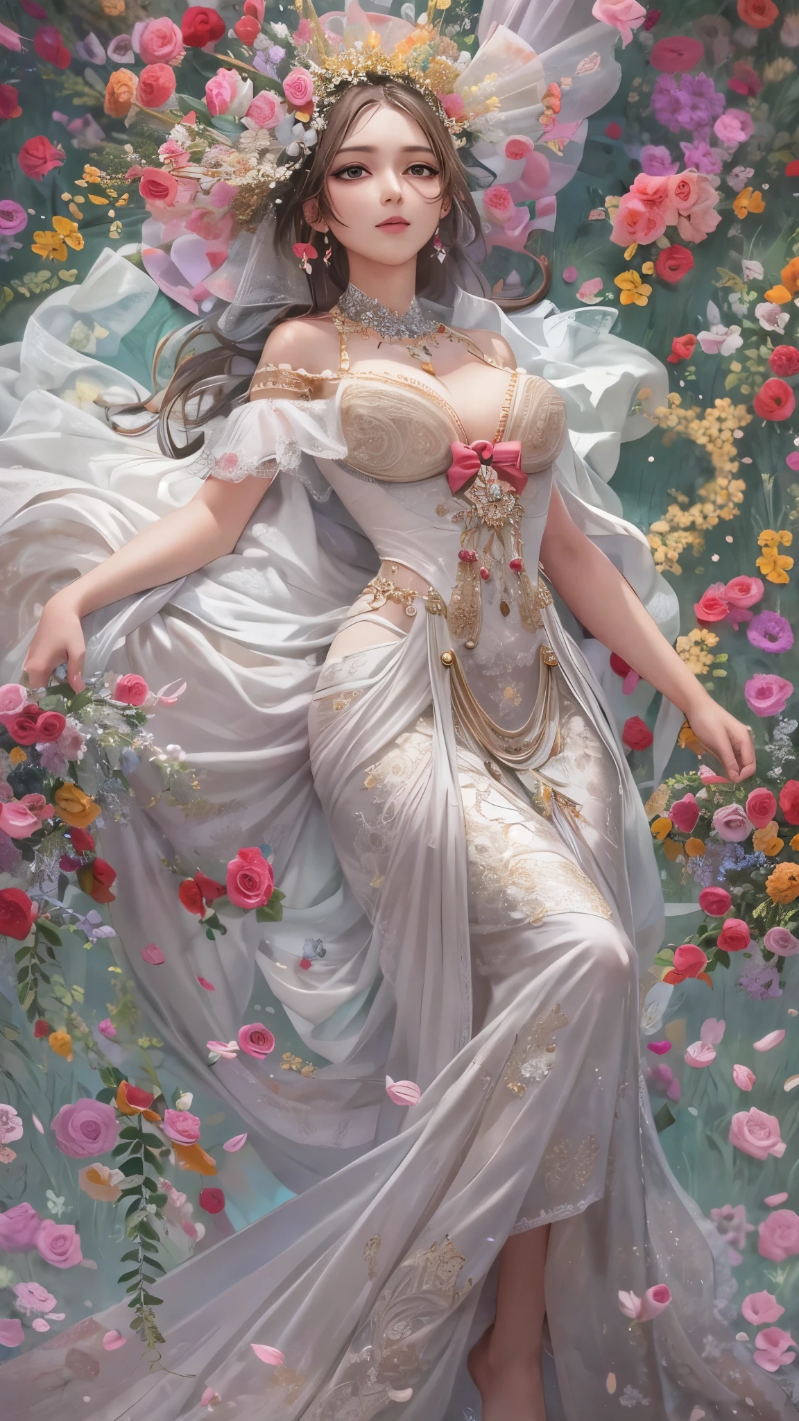 (Highest quality)),(Ultra-high resolution),(Super detailed),(Detailed Description),((The best CG)),(masterpiece),Highly detailed art,(Art with precise details:1.5), (Woman in a pure white dress:1.3),Beautiful profile:1.4,(Smile:1.3),Sparkling Jewelry:1.2, (White Rose:1.3),(Sculptural works:1.6)