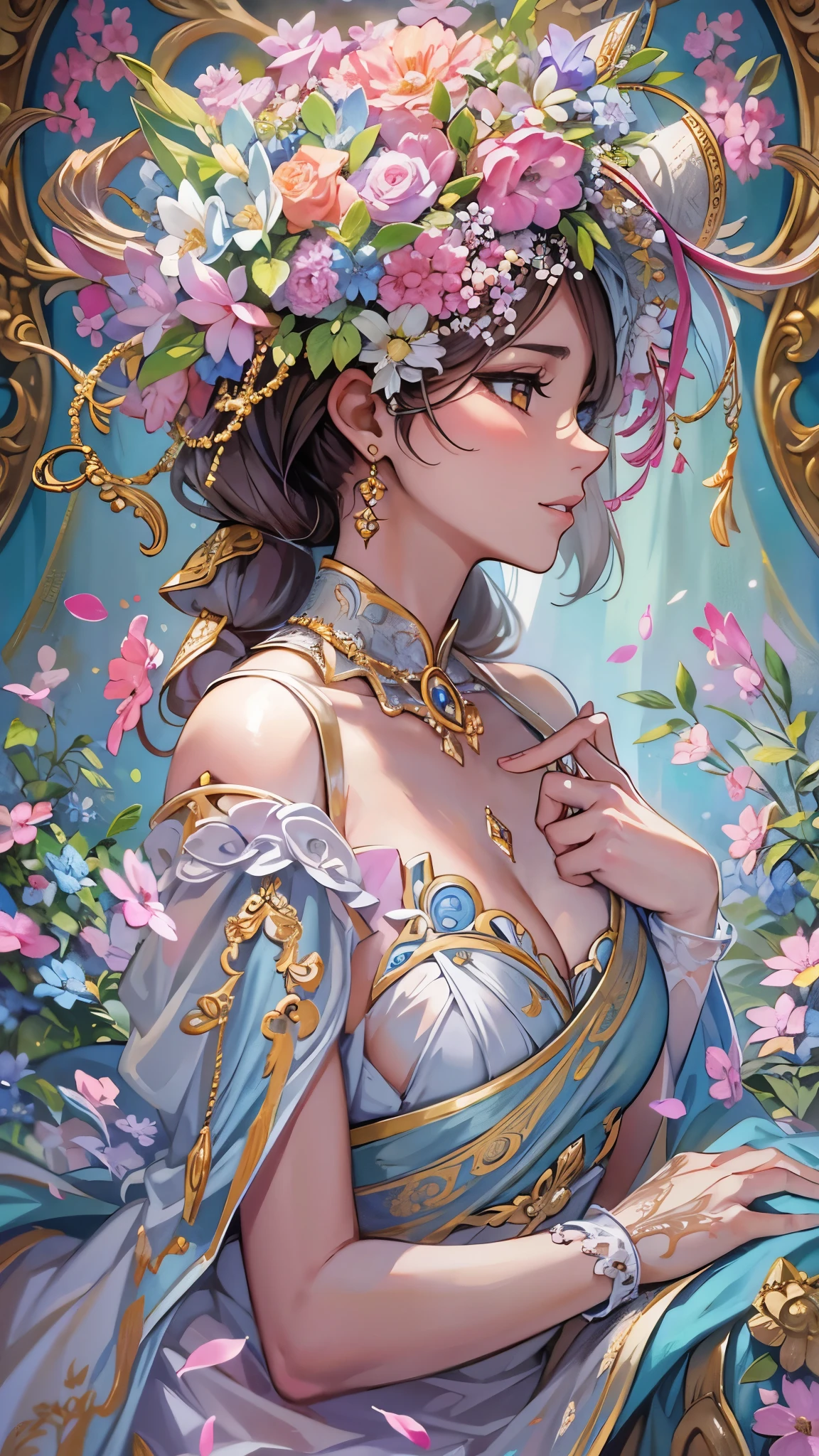 Depicts a beautiful woman with flowers in her hair、Stained glass, Highly detailed watercolor painting, The style of Alfons Maria Mucha and Gustav Kirmut, Art Nouveau accents, Fairy Princess, Anthropomorphic woman, Female figure, Detailed cover artwork, As the Flower Goddess, Alphonse Mucha, Gustav Klimt, Pale skin, Marble sculpture, society, Gothic art, Art Nouveau, Behance Contest Winner