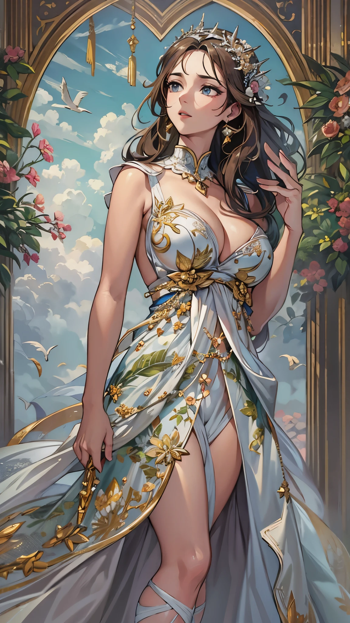 a woman standing on top of a santorini white building, in a short dress posing for a picture, smiley face smile on face, huge breasts, hot body curves, beautiful flowers around her, buxom, indian super model, photo of slim girl, photo of slim girl, 2 4 year old female model, 1 8, beautiful woman body, beautiful sexy woman photo, provocative indian, sundress, cute sundress, swirly flower dress, flower dress, beautiful female, attractive feminine curves, flowery dress, full entire body fun pose, wearing sundress, wide full body, wearing a sundress santorini, trending on bbwchan, buxom, in santorini island, trending on patreon, the wind moves her shirt, santorini, unimaginably huge, greek fantasy, panoramic view of girl