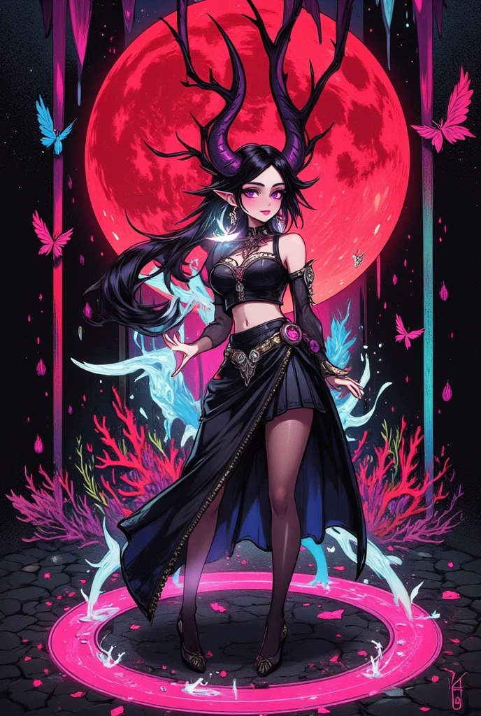 succubus trapped inside plasma sphere, large neon-colored magic circle on the floor, dimly lit room, huge crimson full moon, various effects, bold and dynamic, contrasts of light and shadow, 2.5D, artistic photography, hyper realistic, ultra detailed, absolutely resolution, masterpiece