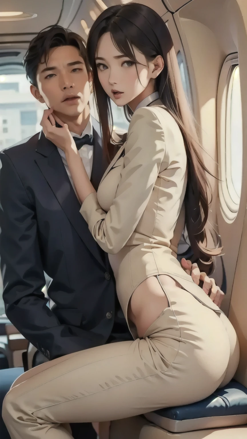 sitting position 、 A woman straddles a man's crotch、women's fitted beige pant suit、 beige flight attendant uniform 、Straight super long hair、 climax expression with an ahe face、Blank Stare、 Half Open Eyes 、Half-open mouth、Riding、(masterpiece,  top quality :1.2), Tall Women、 Petite Male 、