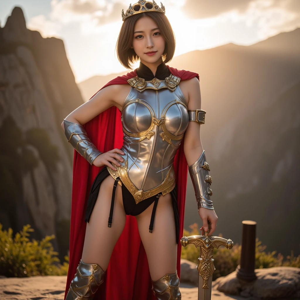 Professional , masterpiece、top-quality、photos realistic , depth of fields (Gemstone Silver Metal Body:1.9),(Matte Silver、Jewel Gold Weapon、(Gorgeous castle background)、Holding the Sword of Heroes、(Jewel White Metal Body:1.4),((Gorgeous Jewel Metal Weapons)) , Fighting、((Holding the Sword of Heroes)) ,(close-up,dream magical,tornado ) ,(Micro Bikini Armor),warhammer 40k , adepta sororitas,Detail and ornate jewel crown、Brown hair、(Gangle's forest background)、1a person、dynamic ungle,(((Diamond tiara with detail and luxury)))、a small face、A smile、Powerful poses、(Gorgeous castle background)、huge filesize、20 year old beautiful woman、Stand in the center of the screen、Thin female fingers、Straight long hair、Beautiful Caucasian beauty、Mystical expression、Lightly open your mouth、,Luminescent particles,light scattering,Tindall Effect、Fighting、