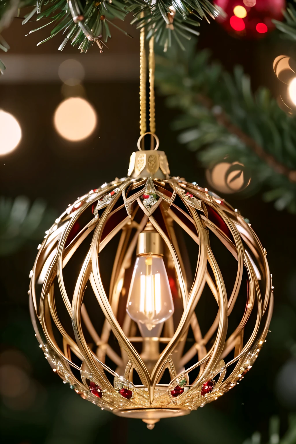 ornate christmas ornament, shiny glass ornament, red and gold ornament, glowing led lights, sparkling crystal, intricate patterns, detailed filigree, reflective surface, hanging on christmas tree, (best quality,4k,8k,highres,masterpiece:1.2),ultra-detailed,(realistic,photorealistic,photo-realistic:1.37),highly detailed,cinematic lighting,vibrant colors,elegant design,seasonal,festive