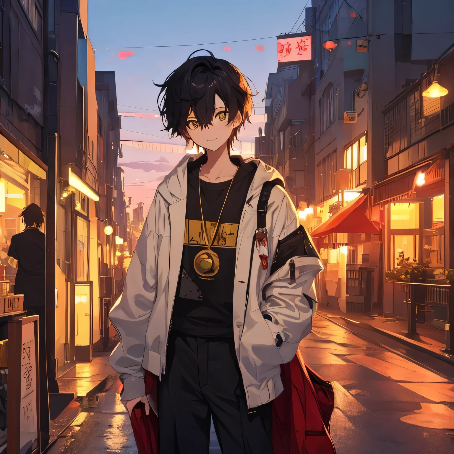 An emotional anime-style artwork inspired by Makoto Shinkai, featuring an 18-year-old slender young man named Mosu Raito (百舌鳥 雷翔). The scene showcases his vibrant and curious personality, set against a stunning, bustling cityscape in the background with warm evening light reflecting off sleek modern buildings. The composition emphasizes his striking yellow eyes, detailed and radiant like gemstones, as a central feature. His slightly tousled black hair with subtle golden highlights complements his energetic yet calm demeanor.
He is wearing oversized, casually elegant clothing: a loose white shirt tucked into wide khaki pants, layered with a light jacket in muted yellow tones. His posture is relaxed yet confident, with a half-smile that hints at an optimistic outlook. In his hands, he holds a Guitar, slung over his back casually. The proportions of his slender body and expressive face are delicately rendered, capturing his youthful vigor.
The lighting is warm and dynamic, with the glow of streetlights and the soft radiance of a vibrant sky blending hues of gold, orange, and magenta. Every detail, from the bustling crowd in the distance to the gentle folds in his clothing, is ultra-high-definition (4K, 8k), with exceptional sharpness and refinement. The background brims with life, featuring intricate details of a lively metropolitan street scene.
Key Descriptors:
((Anime Style)), Makoto Shinkai-inspired, youthful energy, emotional, slender physique, detailed vibrant yellow eyes, bustling city, glowing skyline, oversized casual clothing, elegant simplicity, radiant lighting, top quality, ultra-high-resolution (4K, 8k), subtle emotional depth, modern aesthetic, Guitar, optimism, detailed background.