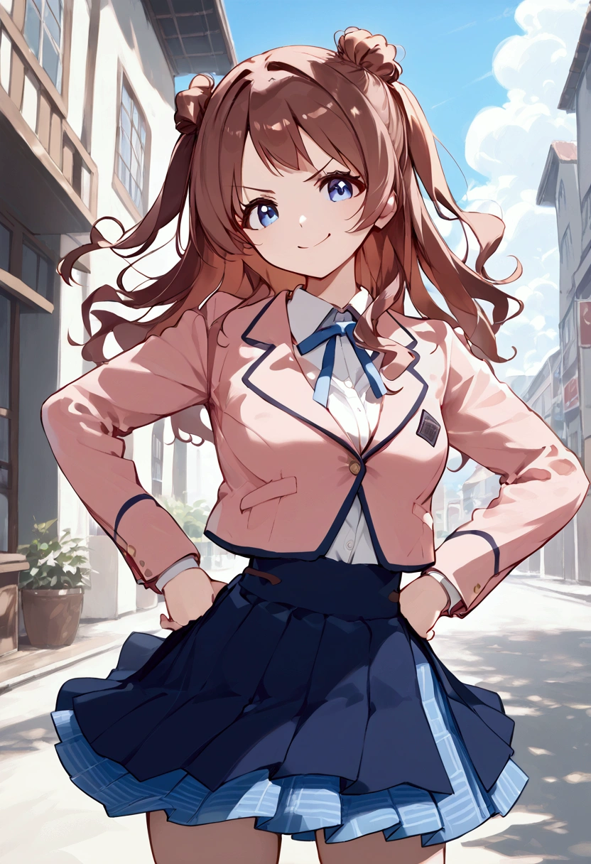 score_9, score_8_up, score_7_up, source_anime, sakihanami, 1girl, solo, brown hair, long hair, hair bun, double bun, two side up, blue eyes, looking at viewer, smile, v-shaped eyebrows, medium breasts, school uniform, blazer, cropped jacket, white shirt, collared shirt, neck ribbon, blue ribbon, blue skirt, pleated skirt, overskirt, outdoors, cowboy shot, hands on own hips, closed mouth,