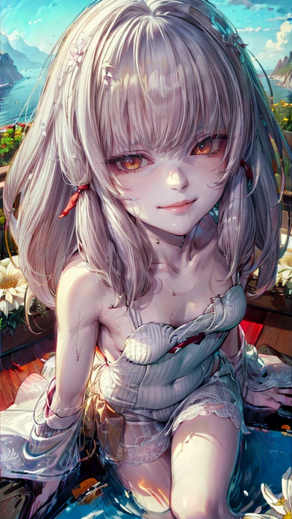 masterpiece,  horror, Evil spirits( beautiful girl),  One Girl , White Chrysanthemum(Fatal Frame: Maiden of the Black Waters),  top quality ,   Beautiful Attention to Details  ,  perfect face,   beautiful detail face , Bare legs, I stare with a grin,  super detailed , yellow eyes,  long hair,  gray hair, outcrop, Half-naked, Areola, Green, Sexy Sighs ,  open your mouth with your erotic half eyes, Seductive upward glance,  sweated, Sexy lips and tongue , tongue out, from above, small breasts,