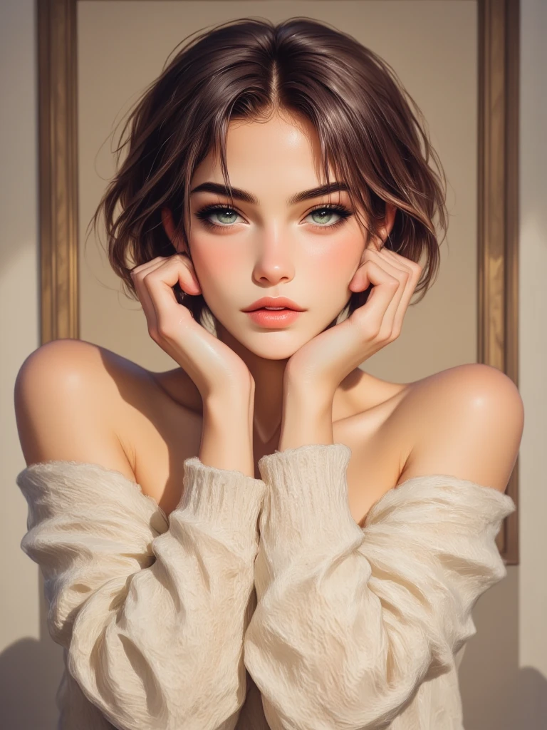 A beautiful sexy woman with short, fluffy and messy hair, exuding a natural and casual temperament. Her eyes are bright, she is wearing a revealing loose off-white knitted sweater, the woman is slightly sideways, gently holding her cheeks with her hands, the corners of her mouth are slightly raised, soft warm tones background, full body view, depth of field