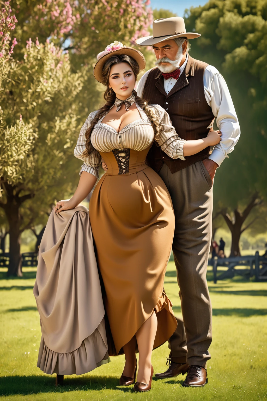 Full body shot of Anastasia Kvitko as a  voluptuous buxom pretty 1880 western frontier farmwife widow standing in a park and flirting with an elderly gentleman, updo hairstyle , brown hair, coloured drawing, style reminiscent of Paolo Eleuteri Serpieri