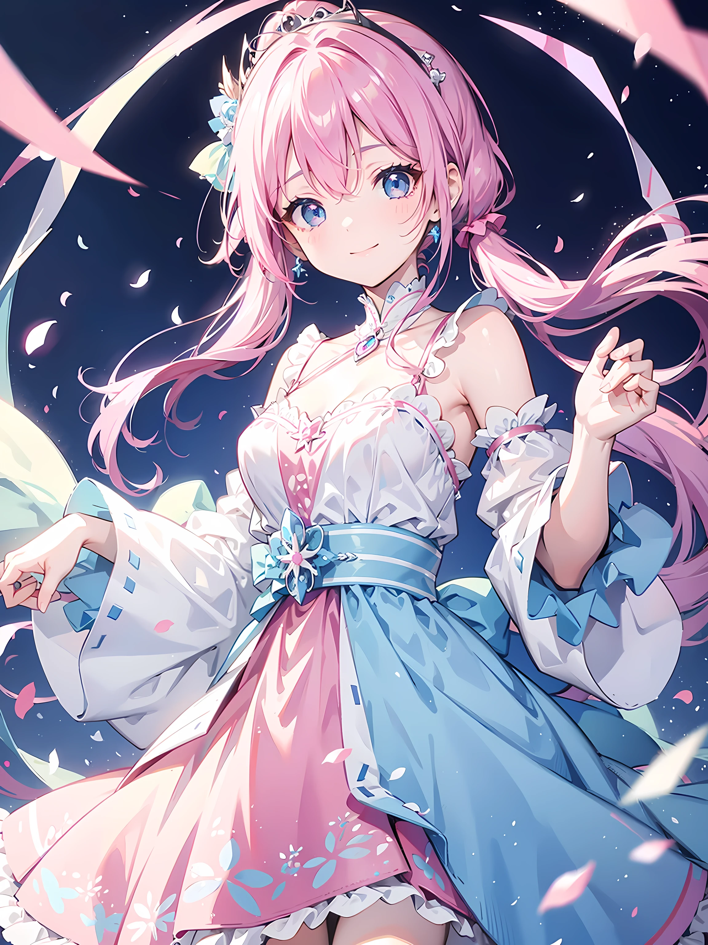 Light blue eyes、 pink hair、Highlight on eyes、弾け飛ぶsmile、smile、 ponytail、Wear a dress、Put on a tiara