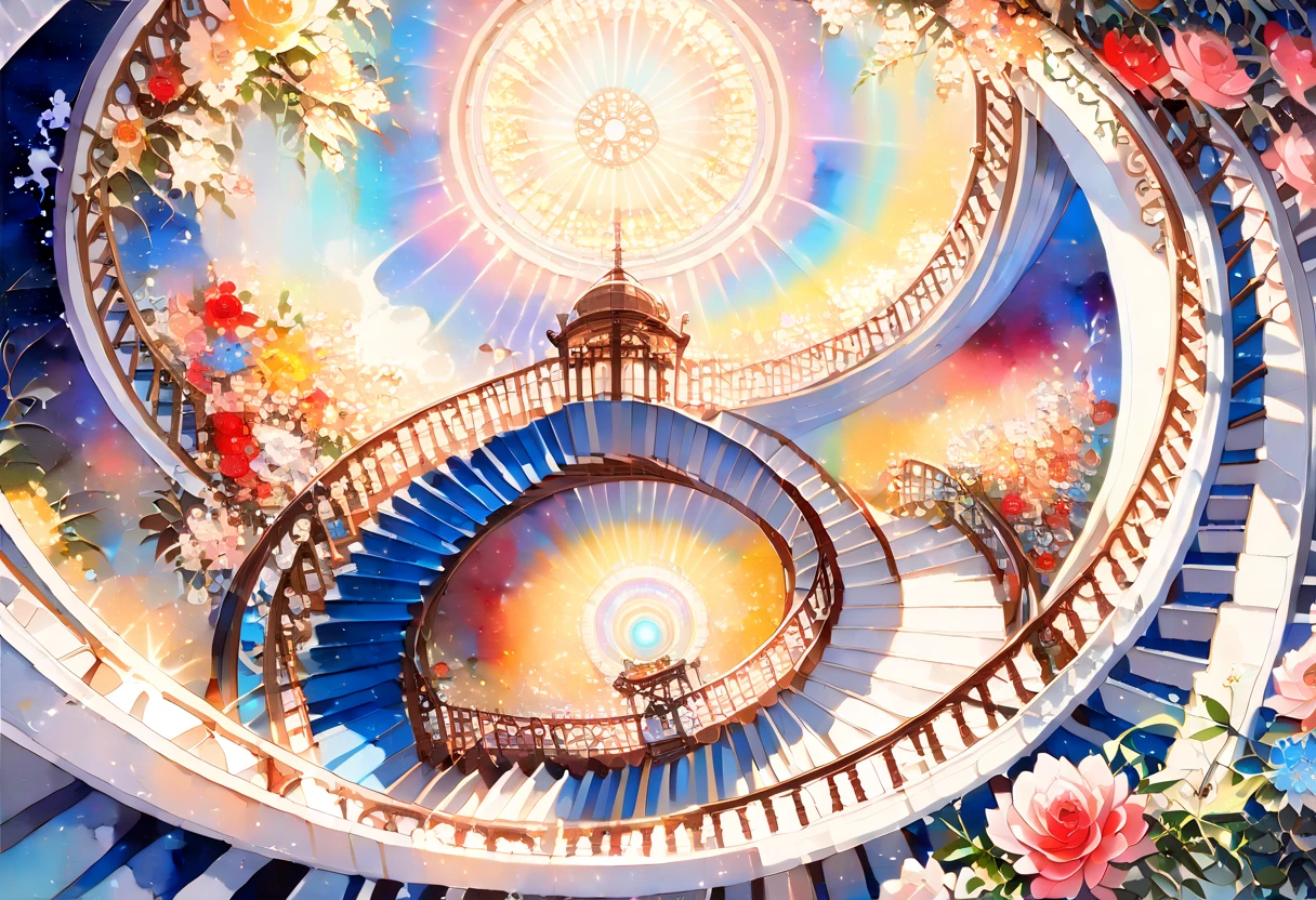 (((An elaborate watercolor painting depicting a beautiful spiral staircase leading from paradise))),(((Unconditional Love))),(( top quality ,masterpiece:1.5)),(( sacred)),((Dazzling light)),( large colorful photons :1.5),( pearl white ),(Perfect Anatomy),( Ultra High Quality ),( detailed background),(Artwork),(Great harmony ),(The 々 creatures you depict are beautiful),Desaturated:1.1, Rich Color Palette ,Beautiful and fantastic lighting, anime style,truth,joy,thank you,comfortable,fair,Elegance,Polite , true strength , full of vitality ,altruism,Beautiful,clean, soft,Here and now , Forget Time ,Unadorned ,fun,continuation