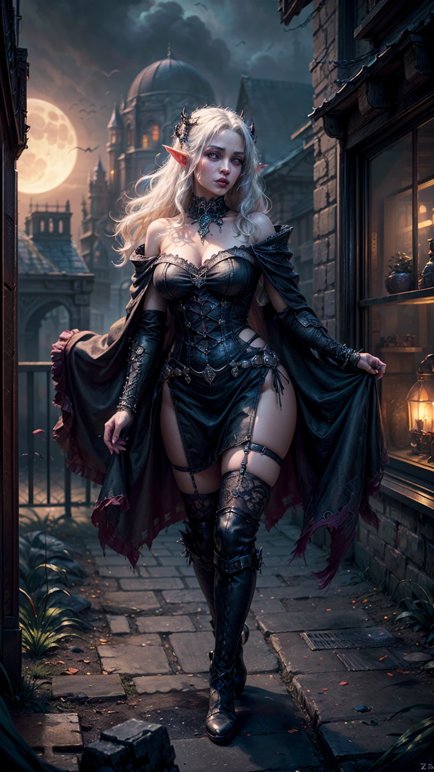 fantasy art, gothic art, (masterpiece:1.5), full body best details, highly detailed, best quality, Glowing Purple, highres, full body portrait of a vampire, elf (Masterpiece, best quality: 1.6), ultra feminine, wizard, (intricate details, Masterpiece, best quality: 1.5) with a long curvy hair, light color hair, blue eyes, (fantasy art, Masterpiece, best quality), ((beautiful delicate face)), Ultra Detailed Face (intricate details, fantasy art, Masterpiece, best quality: 1.5), [[vampiric fangs 1.5]] (red cloak: 1.3) , flowing cloak (intricate details, fantasy art, Masterpiece, best quality: 1.3), wearing an intricate black dress (intricate details, fantasy art, Masterpiece, best quality: 1.5), high heeled boots, urban background (intense details, beat details), fantasy, at night light, natural ,moon light, clouds, gothic atmosphere, soft light, dynamic light, [[anatomically correct]], high details, best quality, 8k, [ultra detailed], masterpiece, best quality, (extremely detailed), dynamic angle
