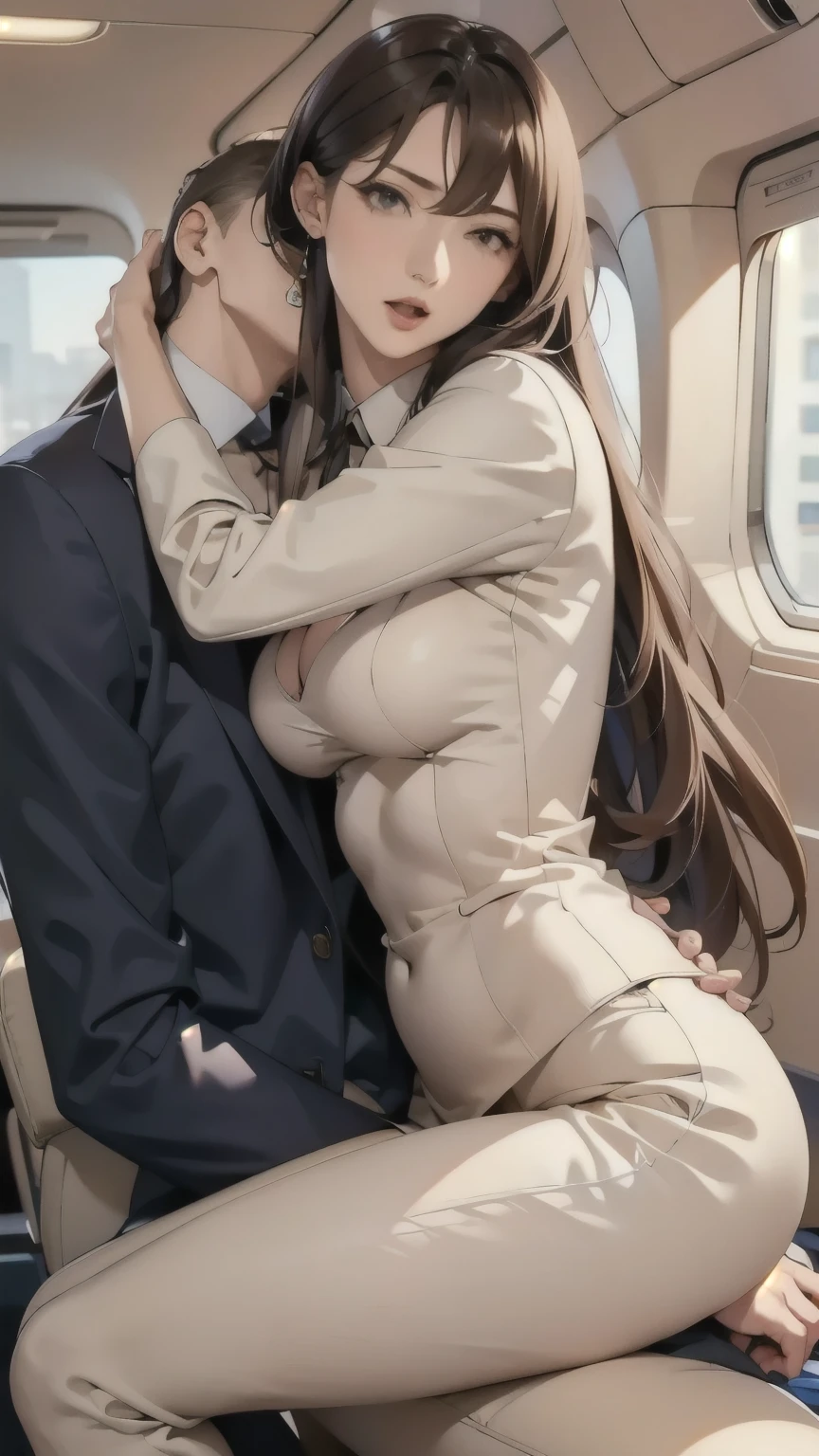 sitting position 、 A woman straddles a man's crotch、women's fitted beige pant suit、 beige flight attendant uniform 、Straight super long hair、 climax expression with an ahe face、Blank Stare、 Half Open Eyes 、Half-open mouth、Riding、(masterpiece, top quality :1.2), Tall Women、 Petite Male 、