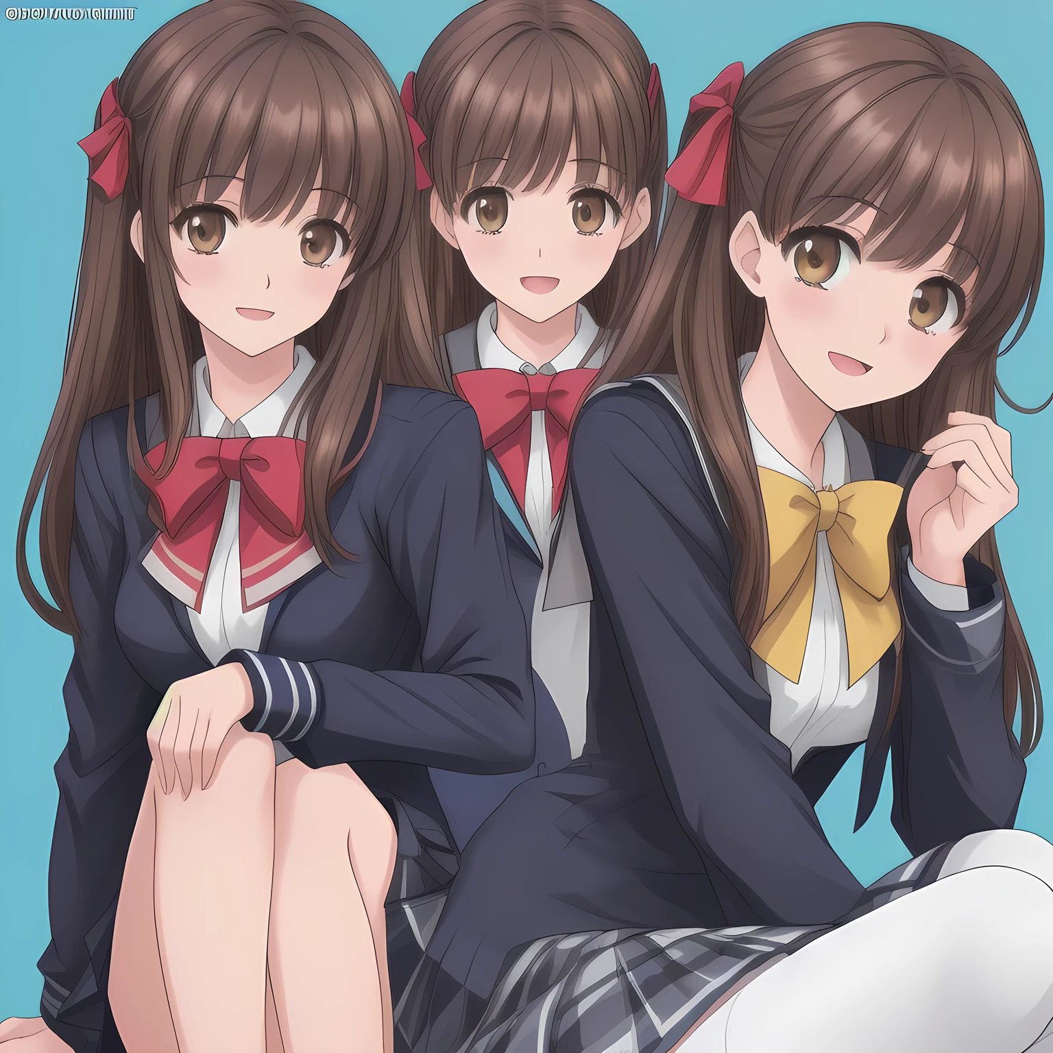 (highest quality, masterpiece: 1.6), (Too beautiful intelligently seducing girls are looking me down and laughing at me with their pretty open mouth, bending their back deeply, can't stop giggling, Too Beautiful noble 16yo beautiful dancing anime noble heroines, beautiful giggling noble elegant 16yo neat anime heroines wares completely white frilled girly blouse covered by navy-expensive-blazer and navy-blue-checkered-plaid-school-skirt with metallic luster, inviting me into deep harem of siren and succubi, Noble Elegant blazer uniform: 1.5), (white white white frilled blouse, with pretty shiny large blue-ribbons made of polyester on the breast and sleeves: 1.2), (Anime-heroine's girly noble laughing giggling brown eyes, the eyes shines and has strong effect of allusion to the viewer: 1.6), (Realistic Charming neat dark-navy-blue very-neat well-pleated long dark-blue checkered glossy expensive plaid school skirt made of metallic-luster-blue-wool: 1.6), (sky-blue background with white heart figured clouds: 1.7), (Eyes, face and hair are especially beautifully detailed and beautifully drawn: 1.5), (Girl whom everyone loves because of her beauty and lovely fashion and noble manner and magic-charm like succubus: 1.0), (Very beautiful, various, cute gorgeous rich dark black hair like seducing hair model, with elegant big yellow hair ribbons: 1.3), (beautiful black hair: 1.5), (Perfect mature body style like a fashion model), (The girl is too much beloved), ((skirt close shot)), ((Light and clearly-detailed well-contrasted neat bewitching too-expensive atmosphere foreground, to catch the viewer taking to the allusion ecstasy of seifuku-fetishism: 1.8)), (Counting to bring the viewer into the allusion ecstasy of seifuku-harem forcibly: 1.2), (black background in the deep world of seifuku-harem-paradise: 1.0), (Viewer can't to stop hugging and kissing her legs and lovely wet lips due to her beauty and seduction: 1.0), (blazer school uniform: 1.6)