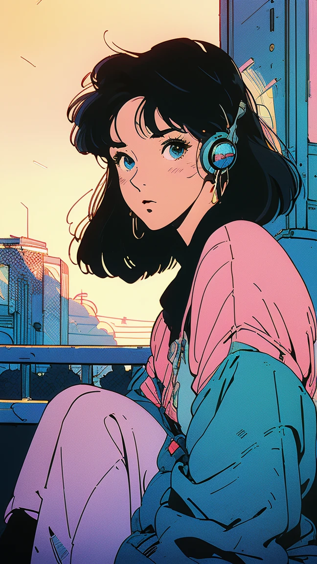 (( top quality )),(masterpiece)),(  Details),( realistic ),80s Anime、Wide-angle shooting、Vision、 Ghibli style、 lo-fi art style 、 nostalgic、Cityscape at dusk、 woman is sitting listening to music、She has headphones on 、 have their eyes closed、Beautiful black hair with short cut,