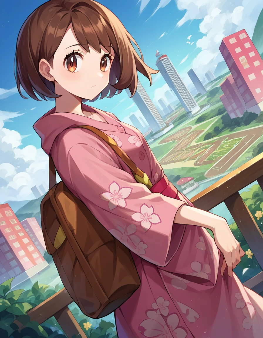 score_9, score_8_ up, score_7_ up,  Source_Anime,
Pokemon Gloria , Pokemon Gloria ,  brown eyes, Brown Hair,  medium hair,
pink yukata with floral pattern,
 outdoor, Cityscape,
 viewers,  cowboy shot,  Dutch angle to the side,