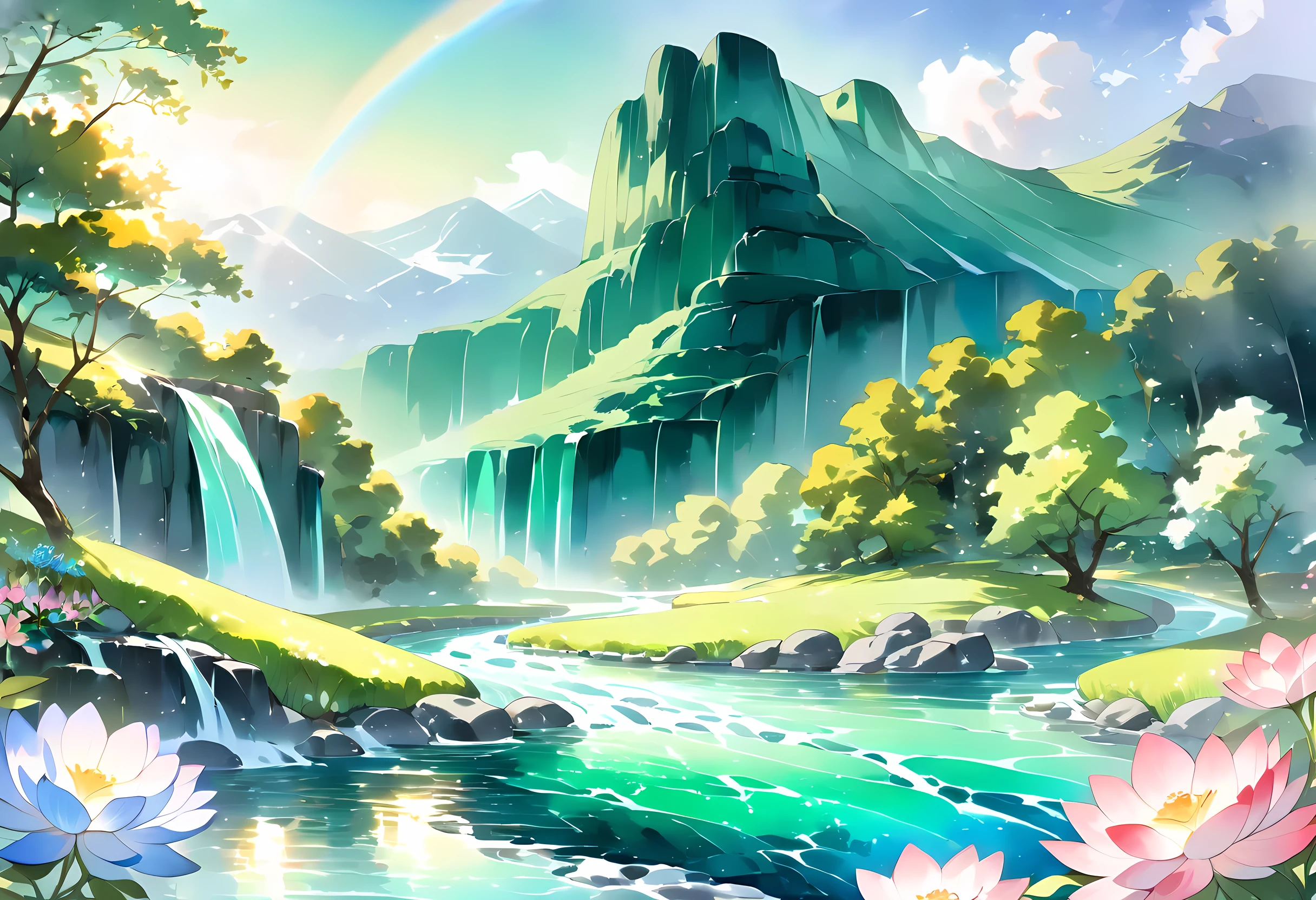 ((( exquisite watercolor painting depicting a beautiful mountain stream landscape where you can see columnar basalt))),(((Soul Love ))),(( top quality ,masterpiece:1.5)),((Tartarian style )),(( emerald green river )),((Waterfall flowing from a cliff )),(( bluish throughout )),( large colorful photon :1.5),( Splendid flowers in the foreground ),( pearl white ),( Perfect Anatomy),( Ultra High Quality ),( detailed background),(Artwork),( shining flowers ),(Great harmony ),(The 々 creatures you depict are beautiful),Desaturated:1.1, rich color palette , beautiful fantastic lighting , anime style,Beautiful waterside ,truth,joy,thank you,comfortable,fair,Elegance,Polite , true strength ,Full of vitality ,altruism,Beautiful,clean, soft,Here and now , Forget Time ,Unadorned ,fun,continuation,Cute Cat,Dome-shaped roof 