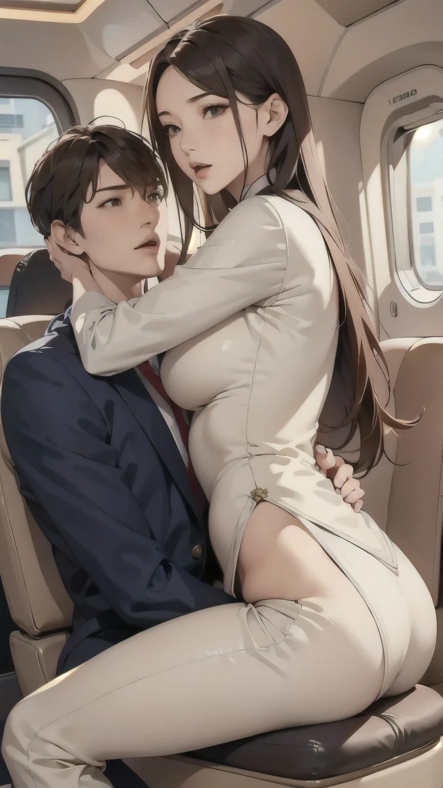 sitting position 、 A woman straddles a man's crotch、women's fitted beige pant suit、 beige flight attendant uniform 、Straight super long hair、 climax expression with an ahe face、Blank Stare、 Half Open Eyes 、Half-open mouth、Riding、(masterpiece,  top quality :1.2), Tall Women、 Petite Male 、