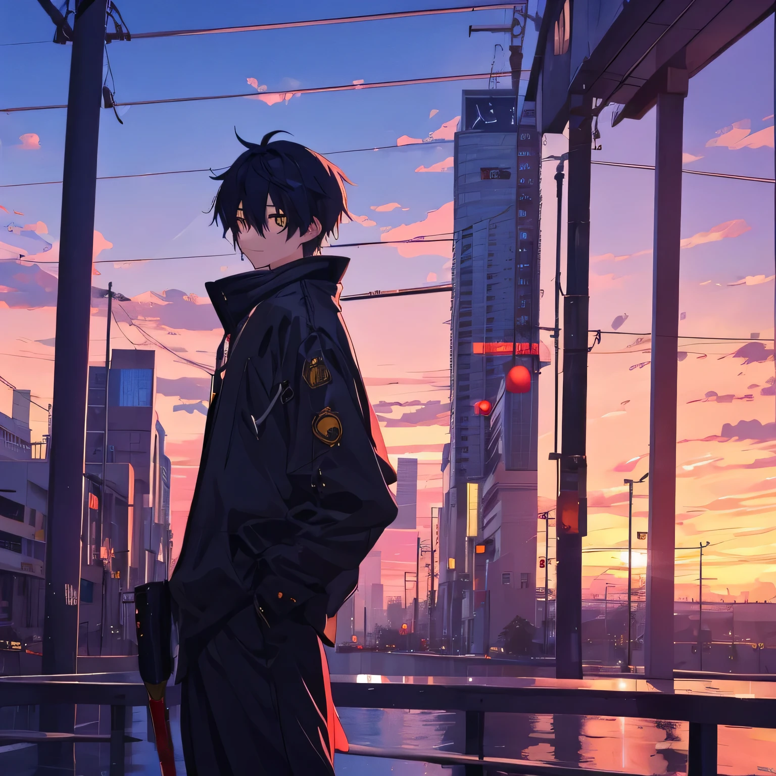 A slender 18-year-old male, portrayed in an emotional, Makoto Shinkai-inspired anime style. A unique and captivating character named Mozu Raito, radiating hope, curiosity, and a bright personality. He stands at 170cm tall with a weight of 60kg, featuring slim limbs and a striking appearance. His vivid yellow eyes are meticulously detailed, exuding warmth and energy. His signature yellow-themed outfit harmonizes with his youthful charm. He carries a guitar, hinting at his hobby and artistic side.

The background is a bustling, beautiful cityscape at twilight, glowing with the allure of a lively downtown. The setting enhances the high-resolution aesthetics (4K, 8K quality, ultra-detailed) of this anime artwork. His expression is a subtle half-smile, capturing a moment of peaceful reflection amid the vibrant surroundings. The style emphasizes elegance, functionality, and the simple sophistication of his character, presented in a clean, high-sense design.

[Tags: top quality, high resolution, anime style, 4K, 8K, ultra-detailed, slender physique, elegant simplicity, youthful vitality, captivating gaze, bustling cityscape, twilight, Makoto Shinkai-inspired].
