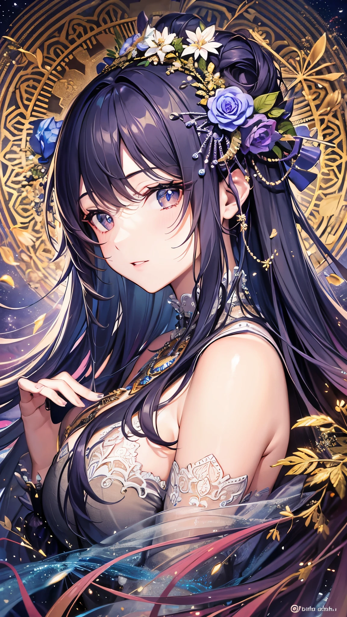 A girl, bare shoulders, colored feathers, metal ornaments, colored flowers, particles, light rays, (masterpiece, top quality, best quality, official art, beautiful and aesthetic:1.2), (1girl:1.3), extremely detailed,(fractal art:1.1),(colorful:1.1)(flowers:1.3),highest detailed,(zentangle:1.2), (dynamic pose), (abstract background:1.3), (shiny skin), (many colors :1.4), ,(earrings:1.4), (feathers:1.4),Blunt Bangs, purple eyes, long dark blue hair