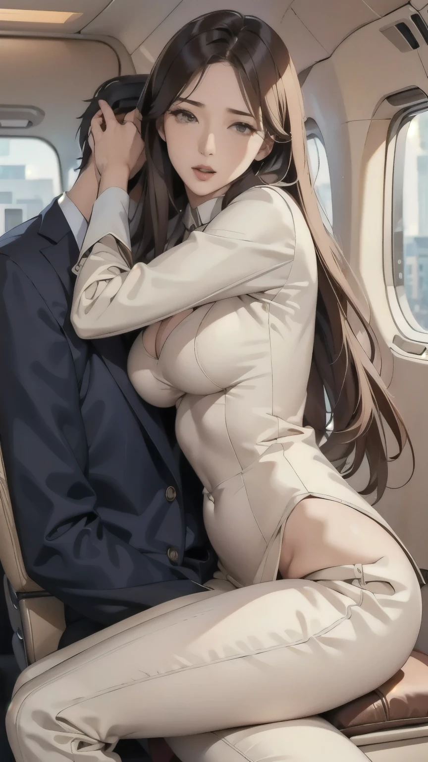 sitting position 、 A woman straddles a man's crotch、women's fitted beige pant suit、 beige flight attendant uniform 、Straight super long hair、 climax expression with an ahe face、Blank Stare、 Half Open Eyes 、Half-open mouth、Riding、(masterpiece,  top quality :1.2), Tall Women、 Petite Male 、