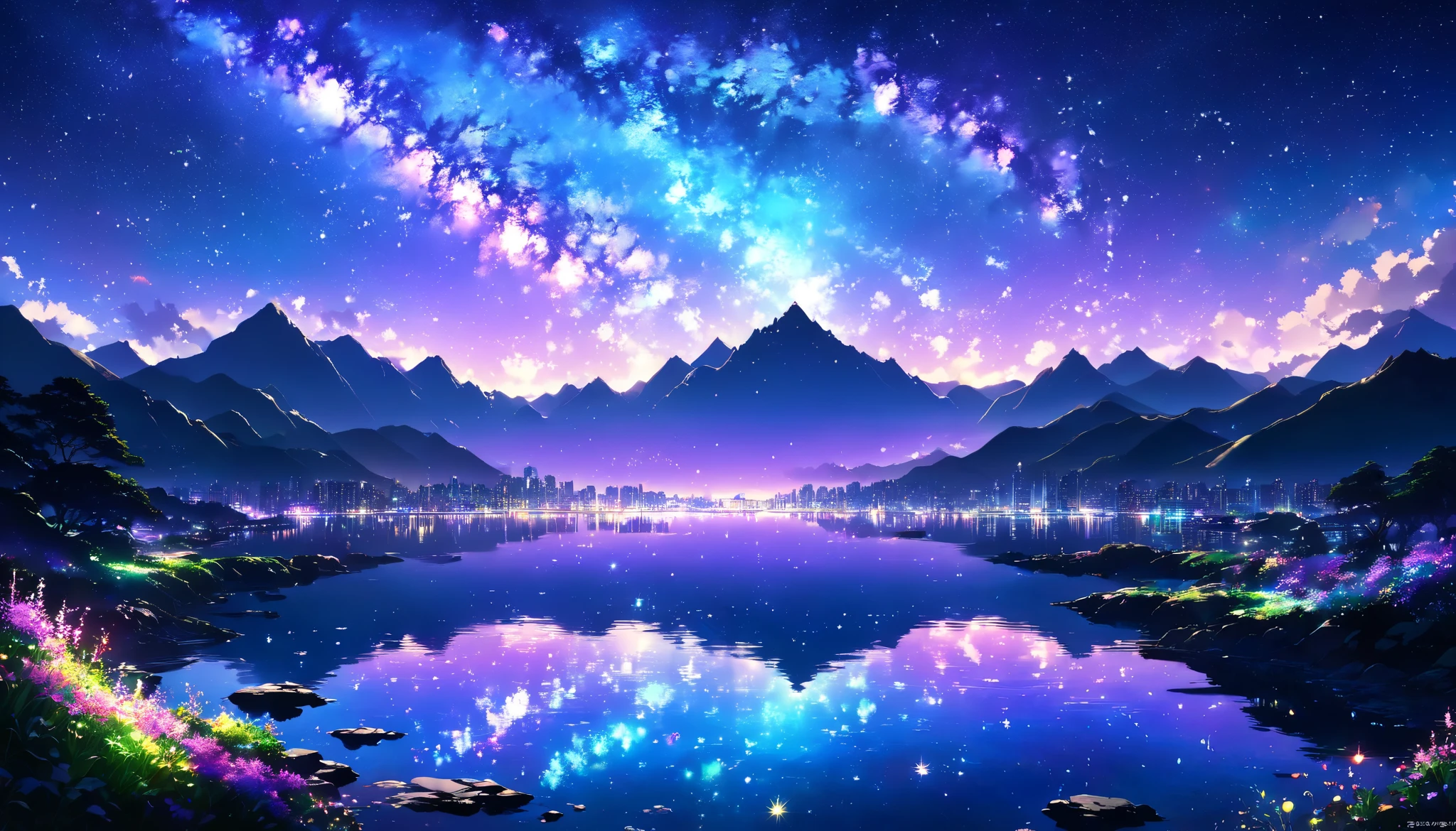 Night Sky, star空,  Milky Way, star, star屑,  Milky Way, star雲, star団, 流star, Celestial Bodies観測,  horizon ,  silhouette, Mountain,  ocean , lake, City lights,  gradients , Azure, Ultramarine, green,  Purple , black,  darkness, mystery, grow up, universe, Earth, Celestial Bodies, light, Shine,  vibe, Depth, Spread the word, silence, Awe, hope, Romance,  timelapse, Celestial Bodies写真,beautiful anime scenery,  landscape painting, Beautiful digital painting , Andreas Rocha,  beautiful artistic illustration,  Amazing Wallpapers ,  Raymond Han ,  distorted shape , スタジオグリブリー 新 ocean 誠, Beautiful Wallpapers, anime scenery