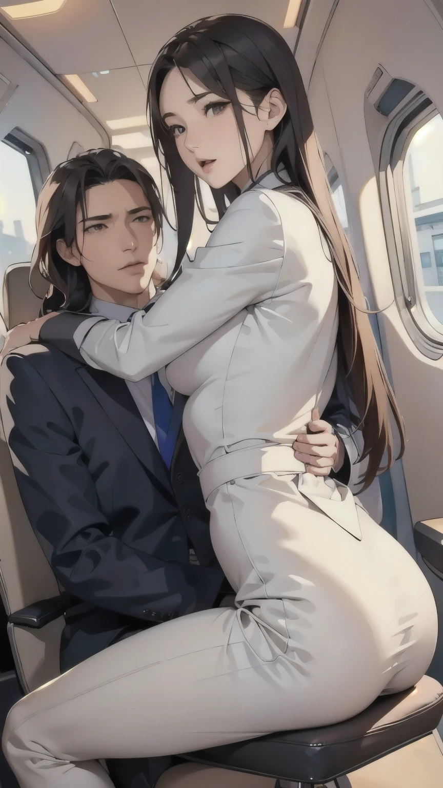 sitting position 、 A woman straddles a man's crotch、 women's fitted dark grey pantsuit、 flight attendant dark grey uniform  、Straight super long hair、 climax expression with an ahe face、Blank Stare、 Half Open Eyes 、Half-open mouth、Riding、(masterpiece,  top quality :1.2), Tall Women、 Petite Male 、