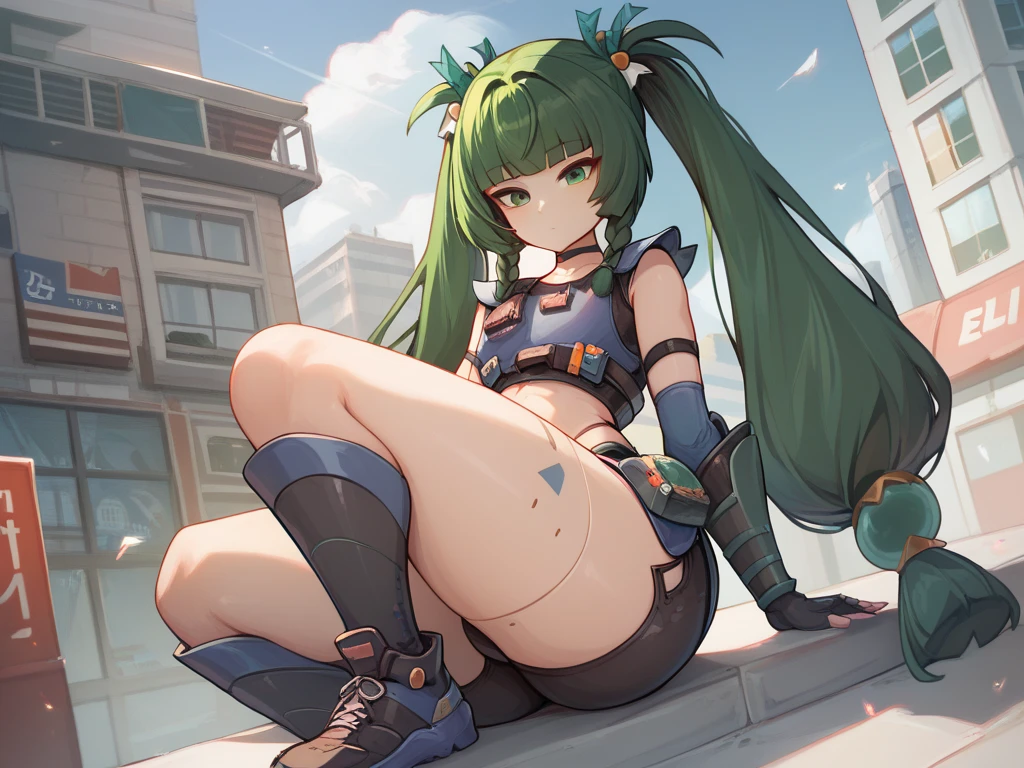 qingyi, green eyes, green hair, very long hair, twintails, blunt bangs, hair bobbles, side braids, hair ornament, robot joints, wide hips, big ass, thick thighs, fingerless gloves, black shorts, navel, choker, crop top, knee pads, elbow gloves, black sneakers, gauntlets, expressionless, cowgirl position, femboy, buildings, buildings background 