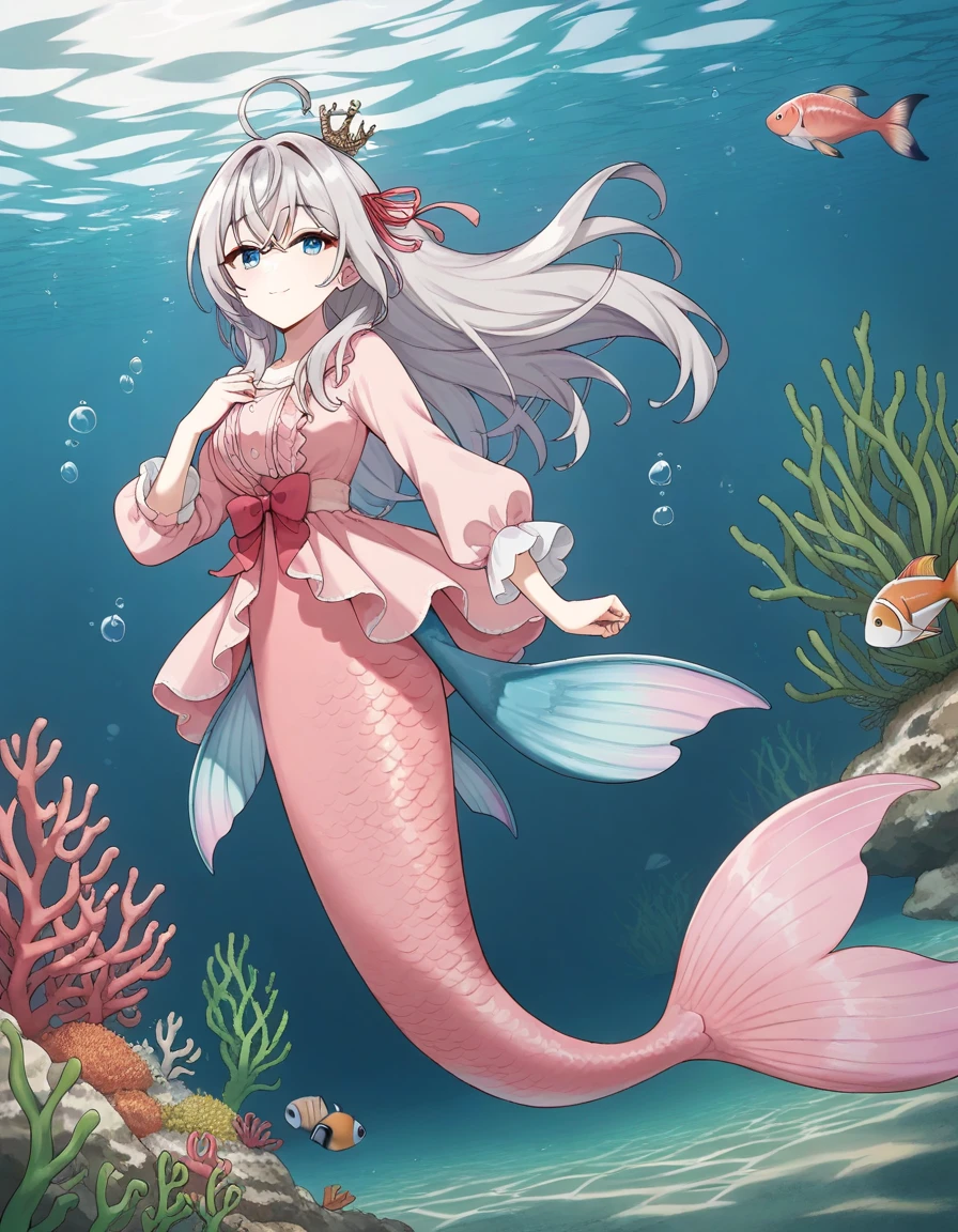 score_9, score_8_up, score_7_up, source_anime, pink mermaid, pink mermaid tail below waistline, scales pink mermaid tail, long pink mermaid tail, 
1girl, solo, looking at viewer, underwater, bubble airs, fish, coral, seaweed, light smile,
alisa mikhailovna kujou, long hair, silver hair, ahoge, crossed bangs, red hair ribbon, sidelocks, blue eyes, mermaid wear dress,
long dress, pink dress, long sleeve dress, crown, pearl crown,